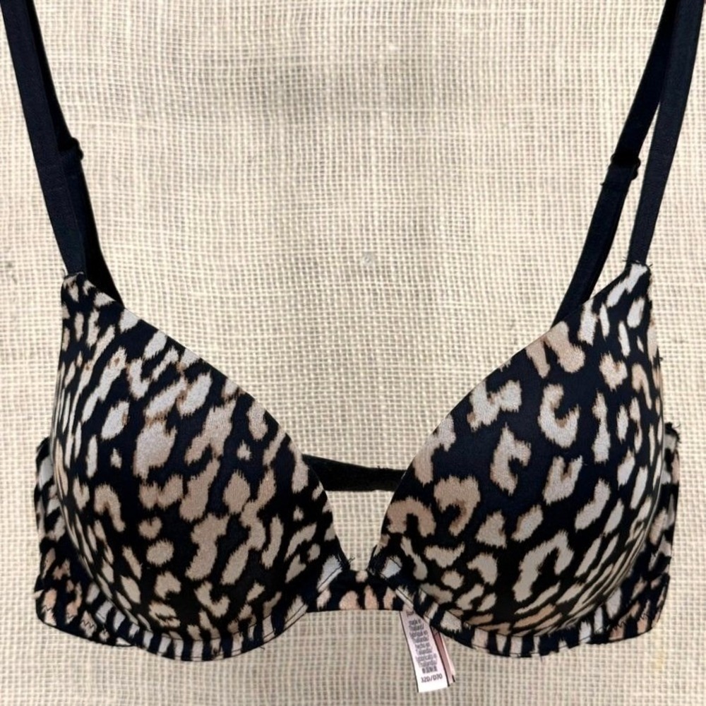 Victorias Secret Leopard Print Push-Up Bra 32D Black Tan Underwire J-Hook